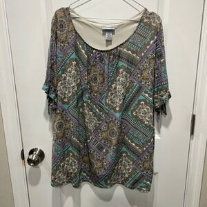 Catherines 1X Tunic Top Boho Paisley Print Tie Sleeve Relaxed Fit